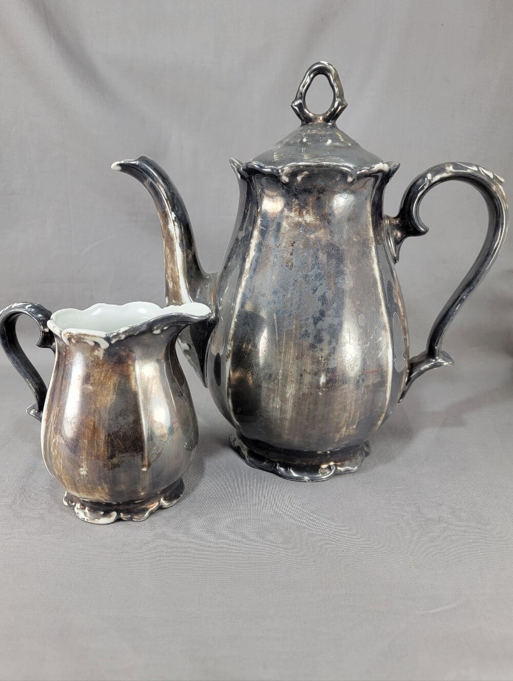 Vtg Bareuther Bavaria Porcelain Teapot Creamer Set Silver Overlay Germany